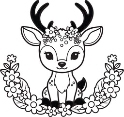 Fototapeta premium Premium Cute Deer Floral Wreath Line Art Vector Illustration – Editable Design for Coloring Books, Art Books, Crafts and Creative Projects
