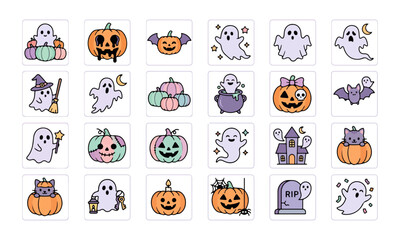 Obraz premium Halloween stickers with ghosts, pumpkins, and spooky characters
