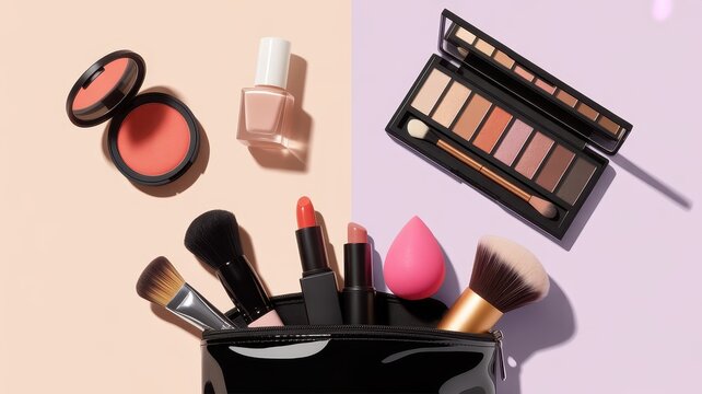 Cosmetics and makeup products spilling from a black bag on a split pastel background. Ideal for beauty product and.
