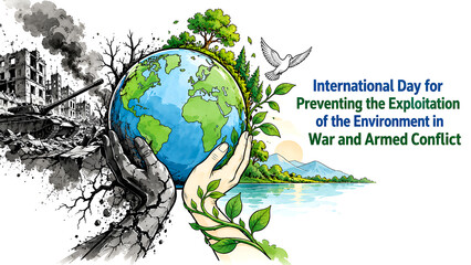 Obraz premium Conceptual illustration for International Day for Preventing the Exploitation of the Environment in War and Armed Conflict.