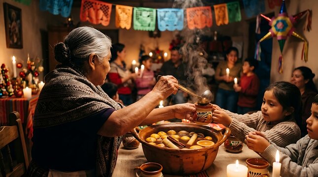 Mexican grandmother serves hot fruit punch to children during las posadas party