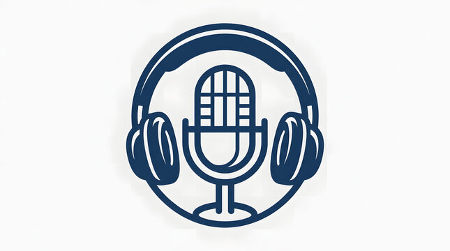 Podcast logo with microphone and headphones symbol for audio broadcasting and streaming