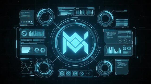 Futuristic HUD Interface with Neon Blue Logo and Data Visualization - Tech Background