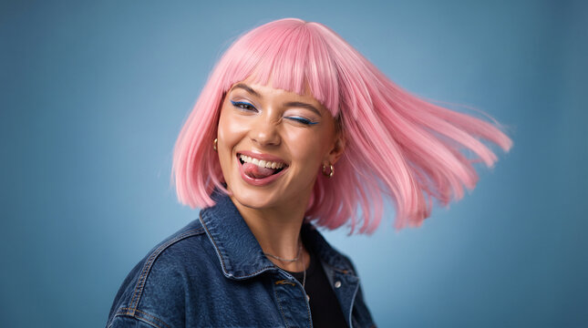 Cheerful young woman with vibrant pink hair winking and sticking her tongue out perfect for playful cosmetic beauty trendy fashion and youth lifestyle
