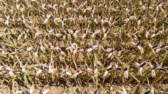 Aerial top view of ripe black corn crop field, ripe dark maize cobs ready for harvest, organic agricultural farm background