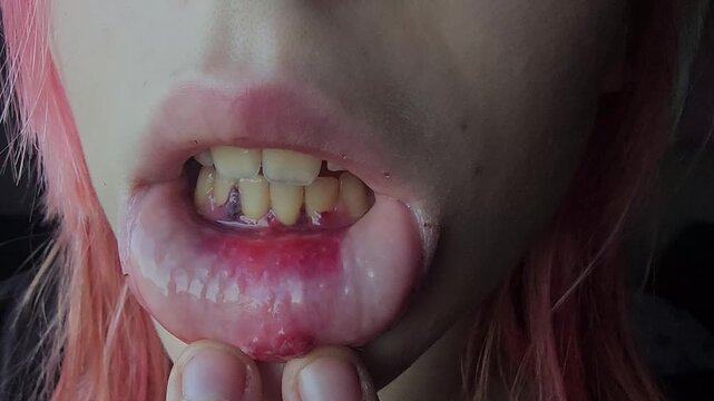 Injury on the mouth with swelling and discolored gums concept