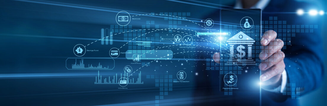 Financial executive working on mobile Banking infrastructures daily. Manager using a tablet analyzing secure transaction volumes and economic growth data charts on a luminous digital screen.