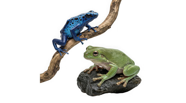 Blue poison dart frog and green tree frog on a branch and rock isolated on transparent background