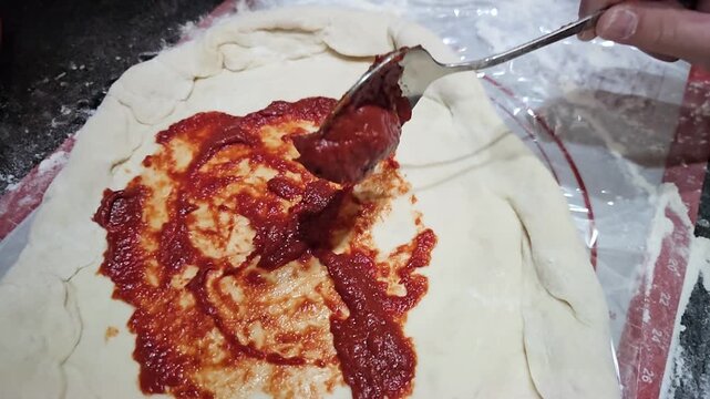 Making pizza with homemade sauce on dough at the kitchen counter