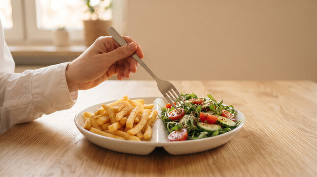 Person eating a balanced meal with french fries and a fresh salad from a divided plate on a wooden table
