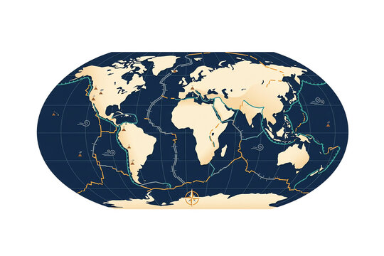 Schematic world map with tectonic plate boundaries colored