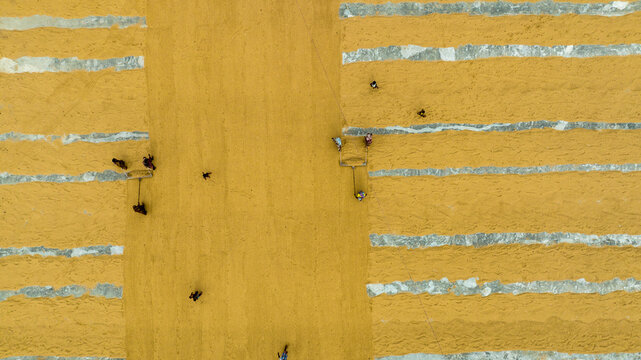 Ashuganj, Chittagong Division, Bangladesh - 05 July 2022: Aerial view of workers spreading and drying golden rice grains on a large concrete surface.