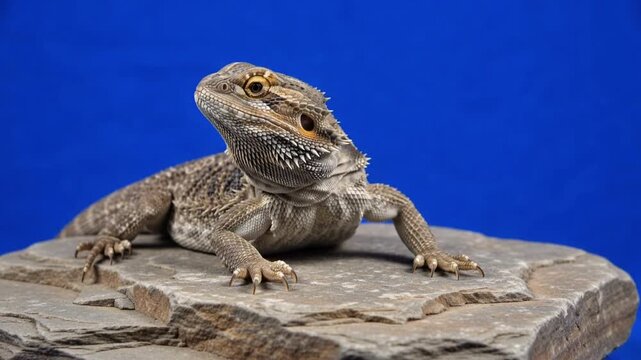 Bearded dragon lizard resting on flat stone looking around against solid blue screen studio background
