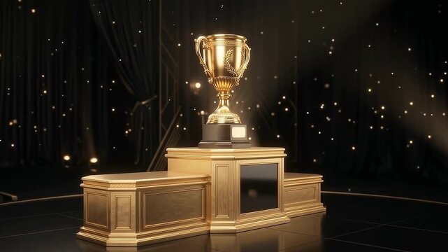Golden trophy on podium with dark background