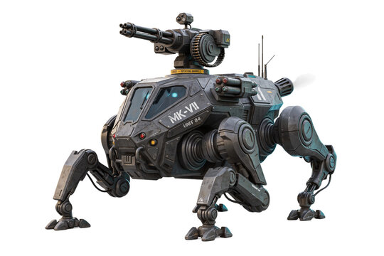 Advanced four-legged heavy combat robot walker with mounted minigun and missiles walking tank mech walker military robot sci fi robot missile system