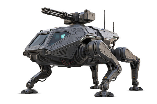 Futuristic four-legged combat walker robot with rotating minigun turret walking tank mech walker military robot sci fi robot futuristic weapon