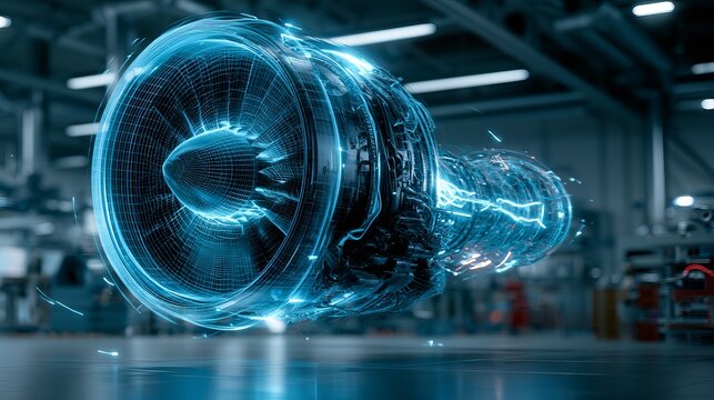 Glowing blue turbine engine displayed prominently, illustrating advanced technology, concept for aerospace and engineering innovation