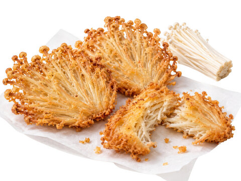 Crispy fried enoki mushrooms and fresh bunch isolated