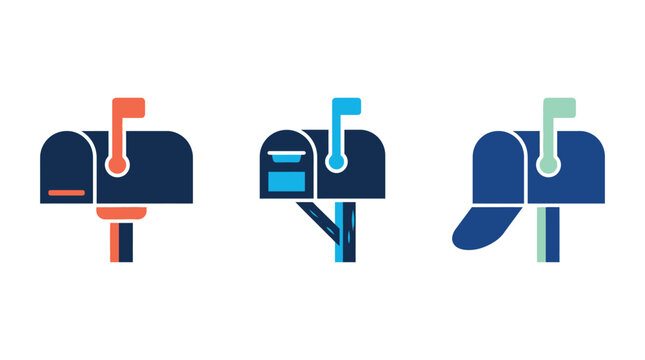 Mailbox flat icon set. Includes symbols for post box, letter delivery, and mail drop. Vector icons for postal service, communication, and correspondence.