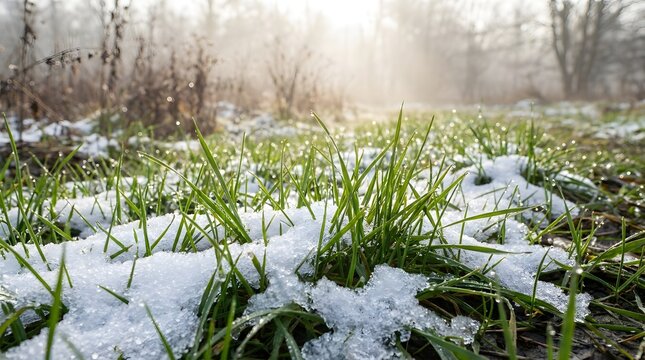 A serene winter landscape unfolds with patches of glistening snow amidst vibrant green vegetation hinting at the resilience of nature's beauty during the colder