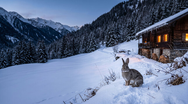 Wild rabbit in winter mountain landscape near illuminated cabin at dusk, wildlife conservation and alpine tourism