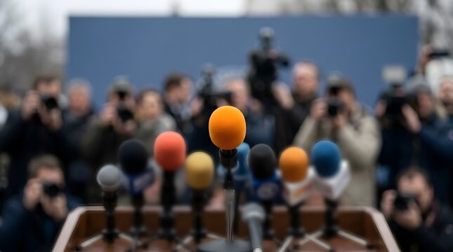 Multiple microphones on a podium with a blurred crowd of journalists at a press conference, media event