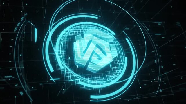 Futuristic Neon HUD Interface with Rotating Geometric Logo Animation. Technology Abstract Background