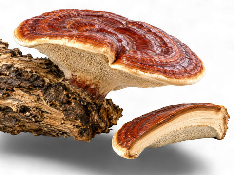 Ganoderma lucidum mushroom on wood with slice on transparent background