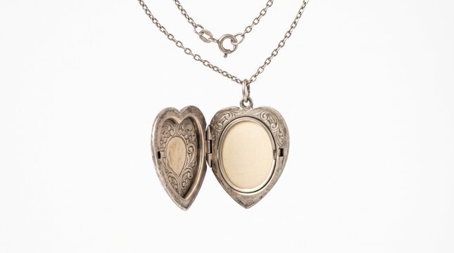 Open vintage silver locket necklace with blank photo space on a chain isolated