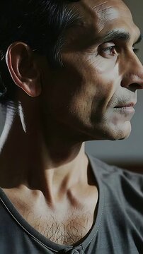 Vertical video: Breathing man in gray V-neck shirt shifting head and jaw right in room, wooden trim