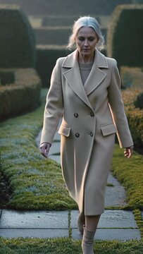 Vertical video: Walking calm woman starting fast to camera on path past hedges, beige coat, boots