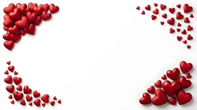 A decorative border composed of many small red hearts arranged in the corners of a white background for valentines day