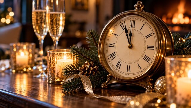 Gold analog clock with hands near midnight beside greenery and glasses on a candlelit celebration table, for a holiday card