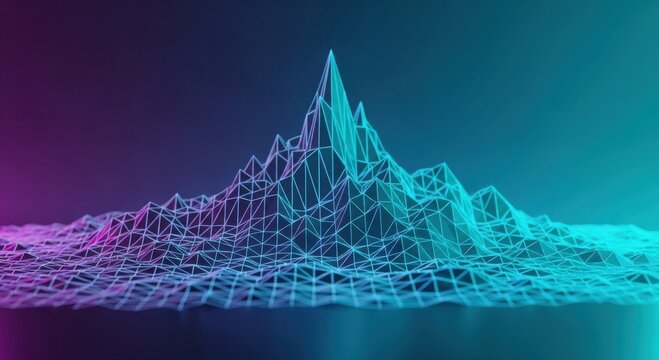 Abstract digital landscape featuring a glowing wireframe mountain range with triangular mesh structure, neon blue and purple gradient lighting, futuristic technology concept for data
