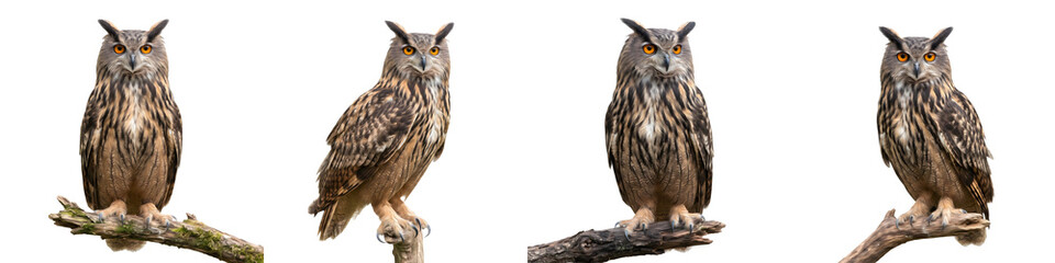 Fototapeta premium Stunning Eurasian Eagle-Owl Perched and Turning Animation Sequence Set on White Background - High-Resolution Wildlife Graphics and Vector Asset Design for Creative Projects