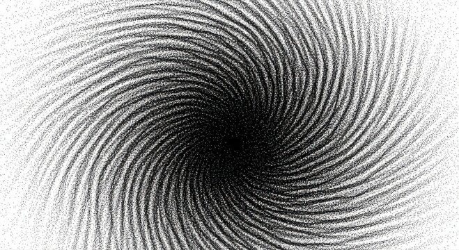 Abstract monochrome vortex featuring a swirling spiral of grainy black dots converging into a deep dark center, creating a sense of motion, depth, and optical illusion on a white background