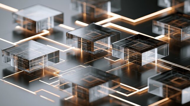 Abstract geometric forms showcasing a copper and gray color scheme, radiating a modern digital network concept for technology