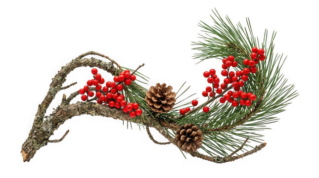 Christmas pine branch with red berries and pinecones isolated on transparent background
