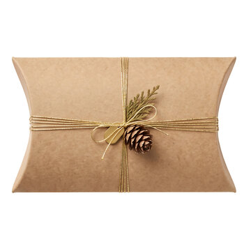 Gift pouch with pine cone and twine tied bow for holiday packaging and wrapping