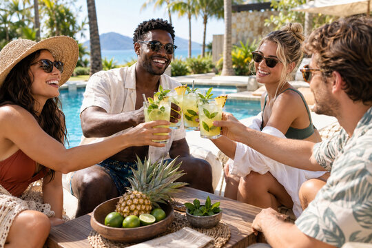 Tropical Paradise Toast: A group of friends enjoys refreshing cocktails by a luxurious poolside on a sunny day, surrounded by lush greenery and the sparkling ocean in the background.