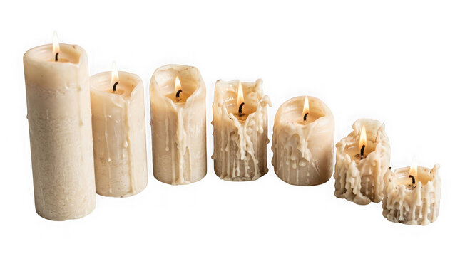 Set of seven lit wax candles of varying heights with melting drips isolated on transparent background