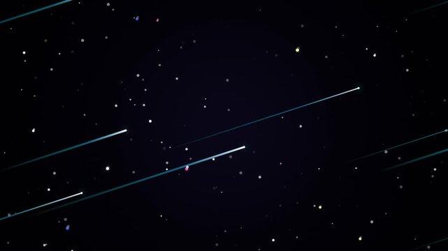 A cosmic meteor shower with bright glowing stardust trails falling across a dark backdrop for futuristic sci-fi projects and video overlays.