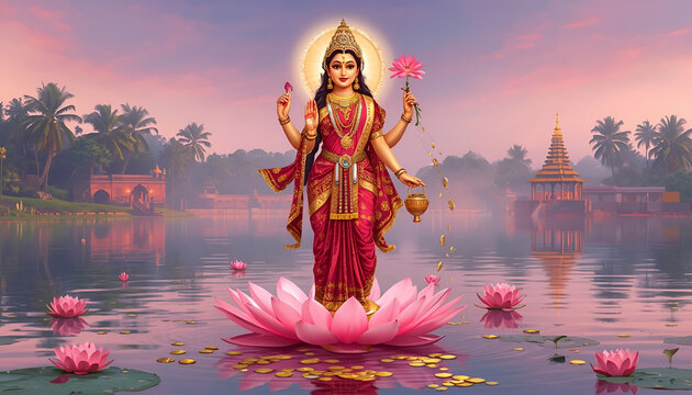 Hindu goddess lakshmi standing on a blooming lotus flower in a serene lake
