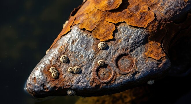 Close up of a weathered iron submerged in dark water with visible orange rust and small white barnacles attached to the textured metallic surface showing signs of marine corrosion and decay