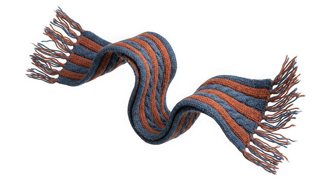 Knitted scarf with blue and orange stripes and fringe isolated on transparent background