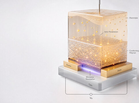 3D organic electrochemical transistor OECT neuromorphic concept, translucent mixed-conducting polymer channel with glowing ion-electron dual injection flow with copy space