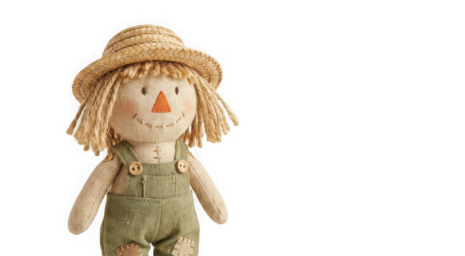 Cute scarecrow doll with straw hat and overalls isolated on transparent background