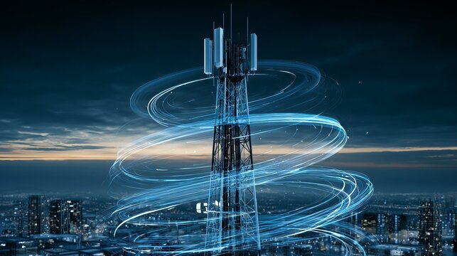 Tower transmits data across a modern cityscape, demonstrating wireless connectivity and future technology advancement concept