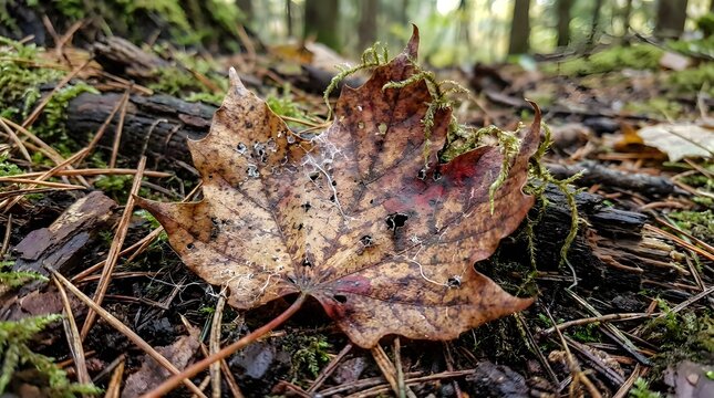 A solitary decaying maple leaf rests upon a bed of damp forest floor detritus signaling the quiet transition into the cold embrace of the