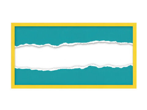 Teal rectangular paper banner with torn edges and yellow frame